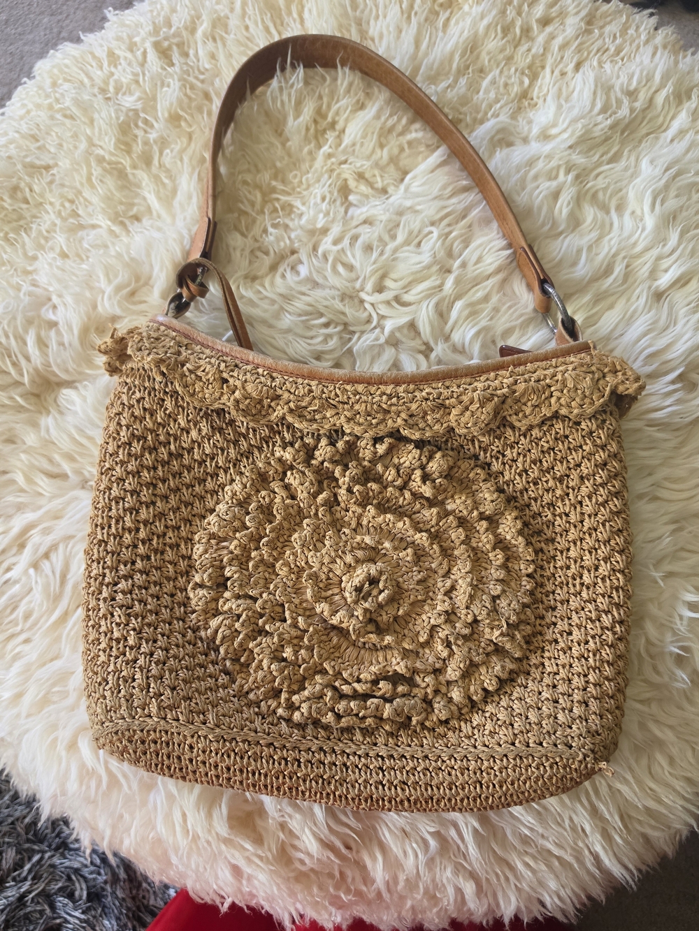 Brighton Tan Crochet Shoulder Bag with Floral Rosette